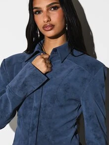 KIZN Women Shoulder Pad Cinched Waist Longline Button Front Collared Shirt Business Blazer Style Top Fall Winter Professional Office Outfit - Blue - View 5