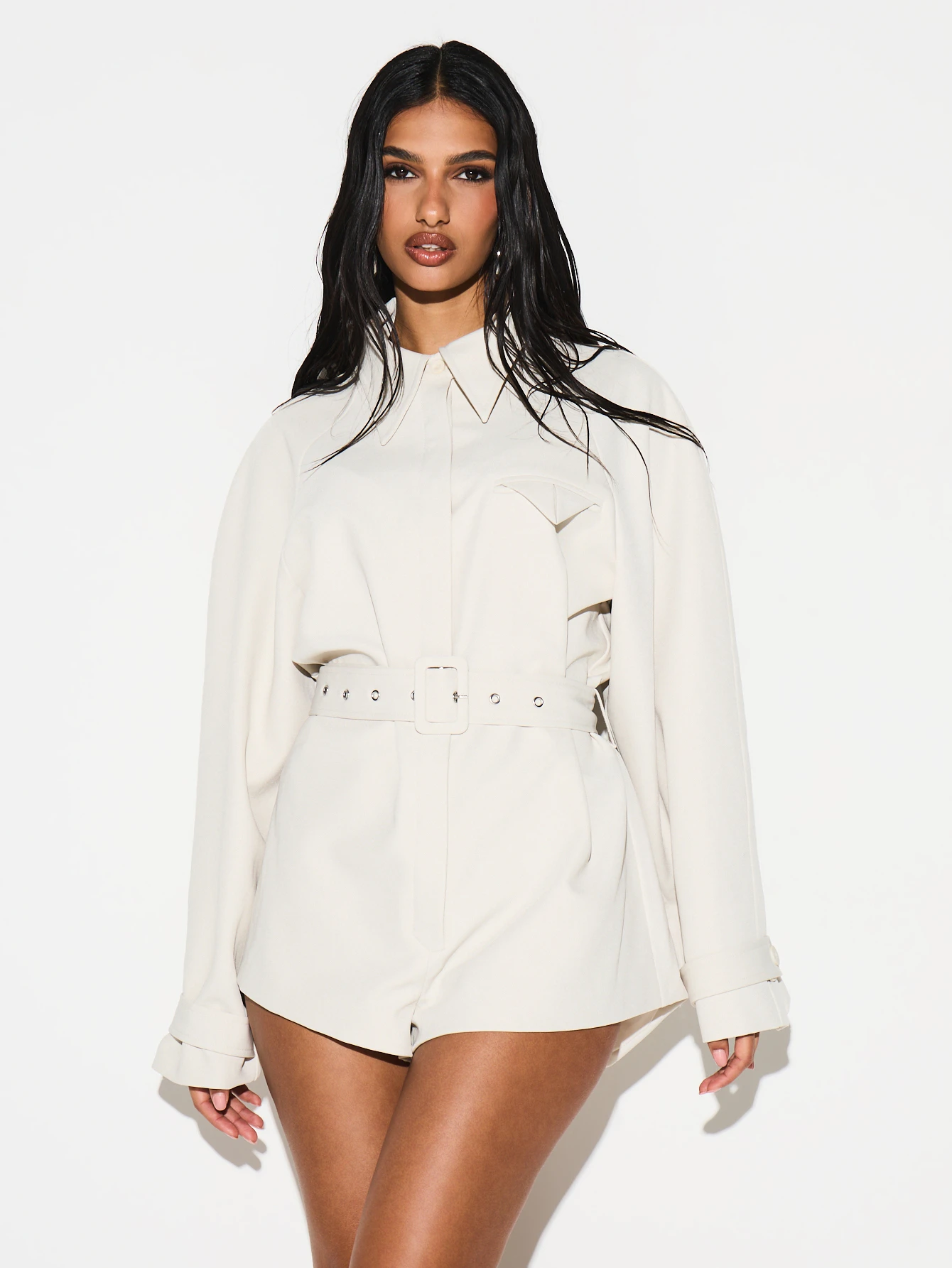KIZN Tailored Belted Shirt Playsuit With Collar
