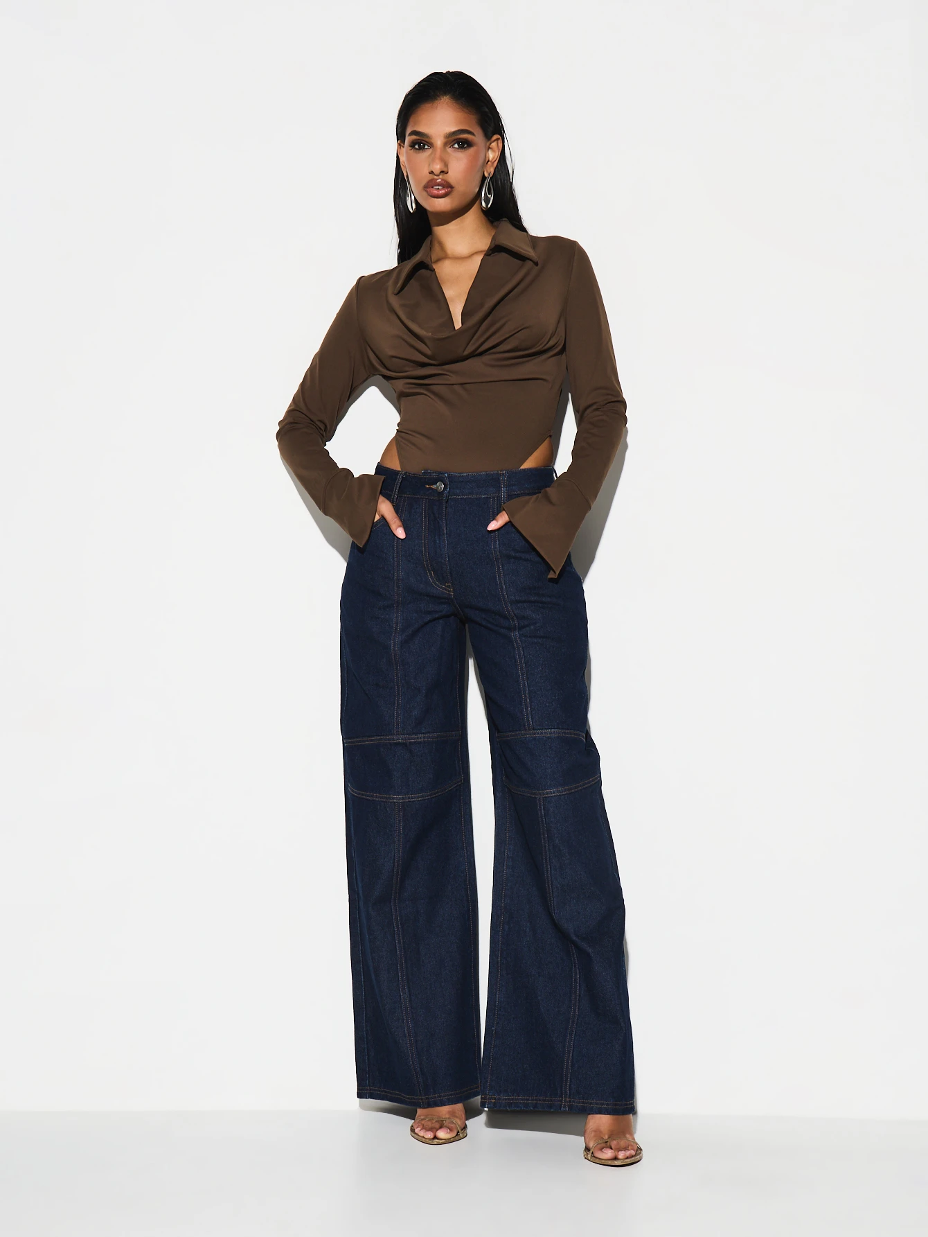 KIZN Cowl Neck Plunge Bodysuit With Long Sleeves