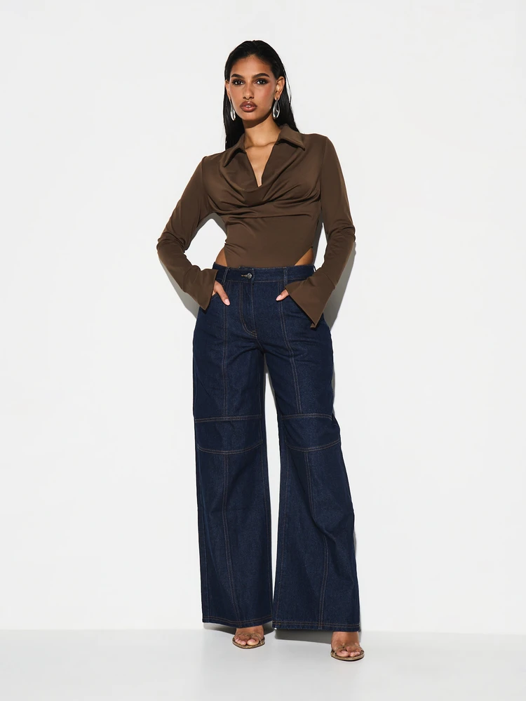 KIZN Brown Cowl Neck Long Sleeve Bodysuit