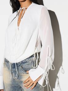 KIZN Women's Long Sleeve Tie Front Chiffon Blouse Bodysuit With Keyhole Neckline And Ruffle Cuff Details For Casual Spring Summer Occasions - White - View 5