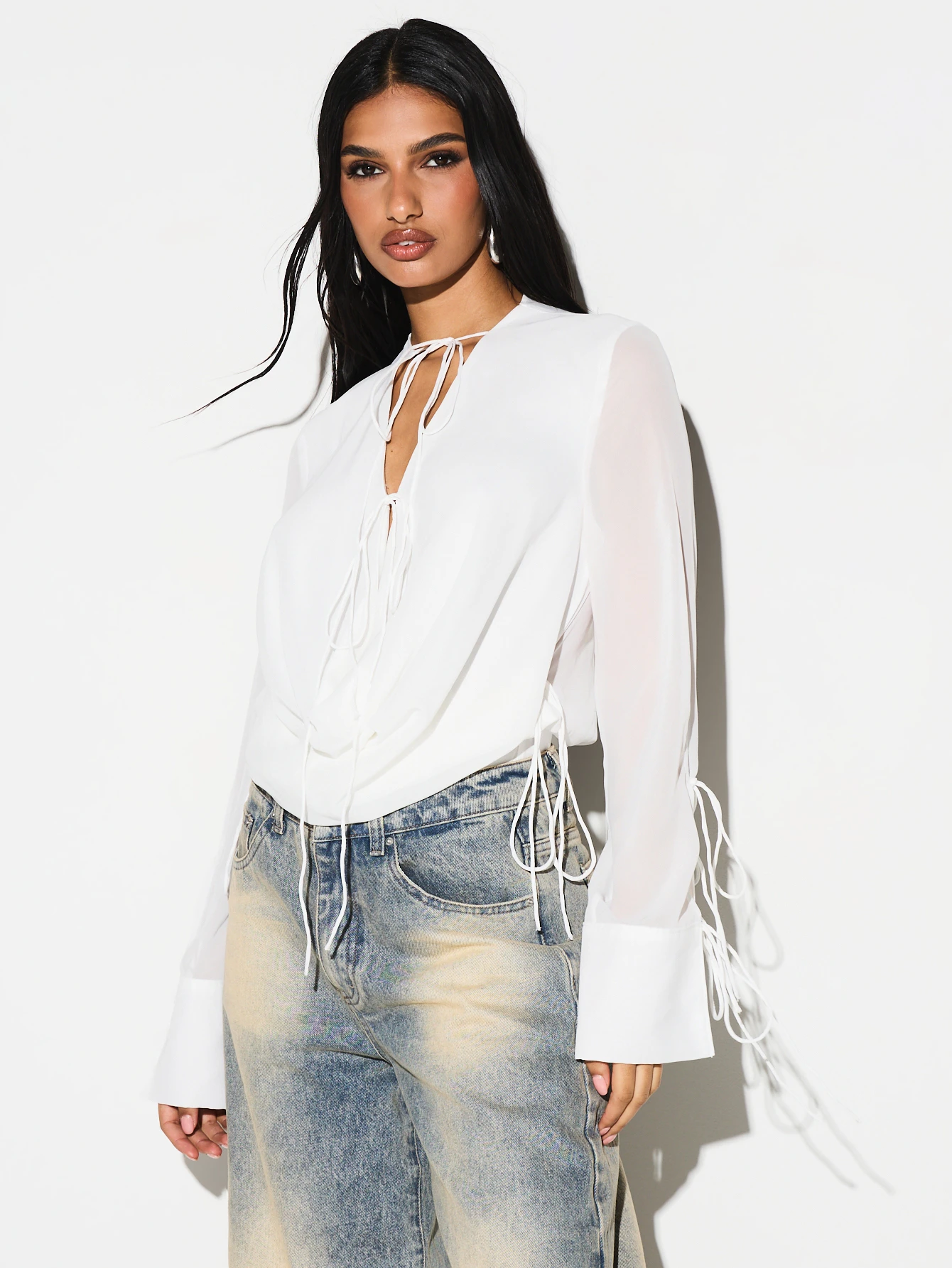 KIZN Tie Front Chiffon Bodysuit With Keyhole Neckline
