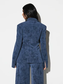 KIZN Women Shoulder Pad Cinched Waist Longline Button Front Collared Shirt Business Blazer Style Top Fall Winter Professional Office Outfit - Blue - View 2