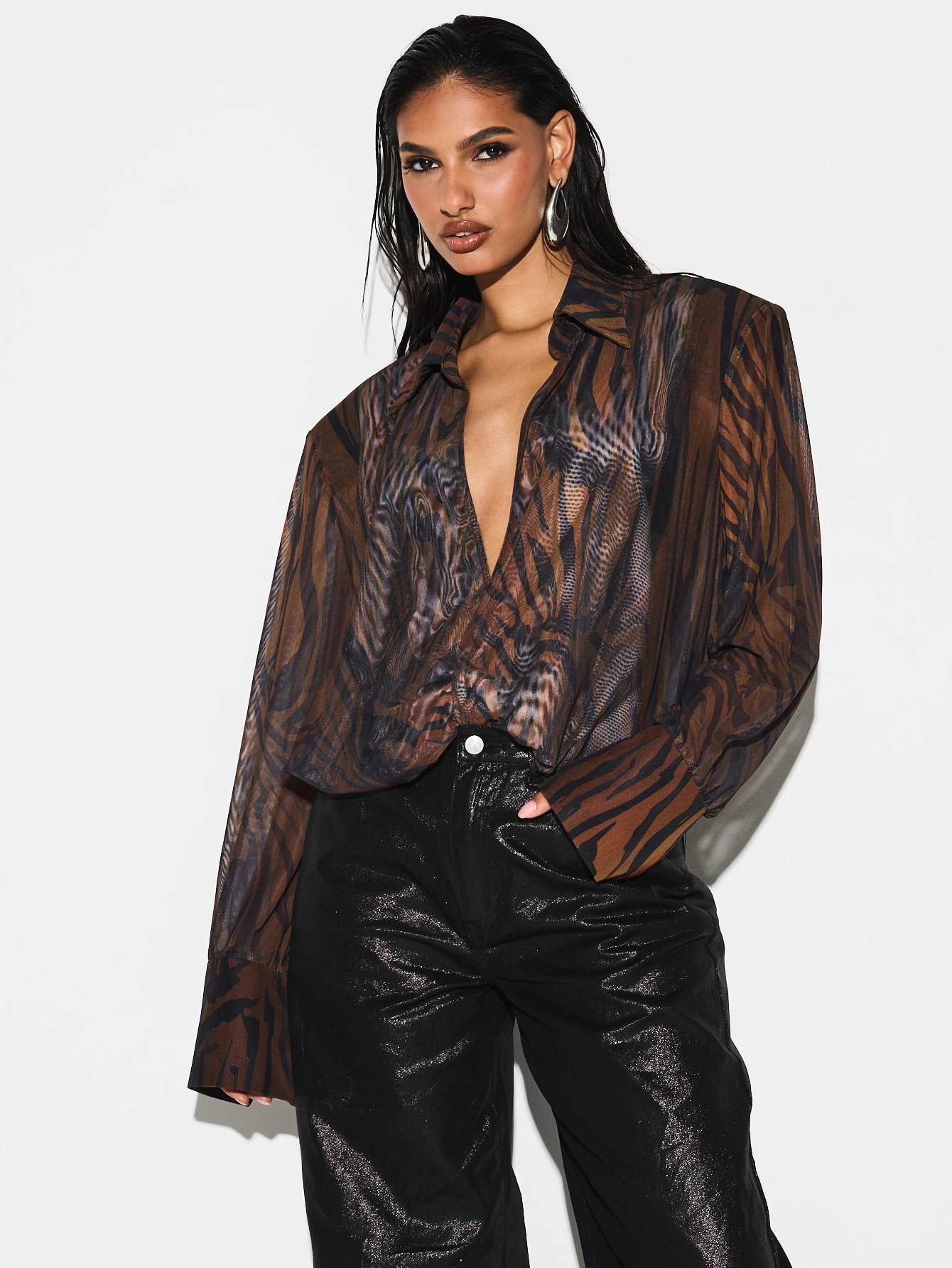 KIZN Long Sleeve Tiger Print Mesh Bodysuit