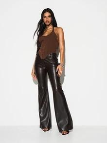 KIZN Halter Neck Corset Top With Hook And Eye Front Closure Fitted Sleeveless Brown Structured Bodice - Brown - View 3