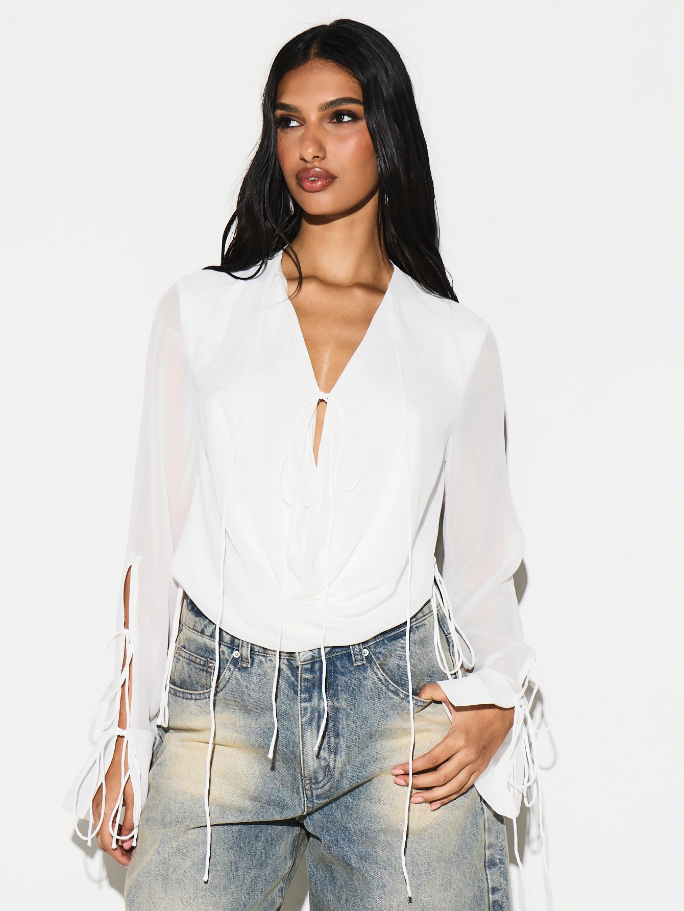 KIZN Tie Front Chiffon Bodysuit With Keyhole Neckline