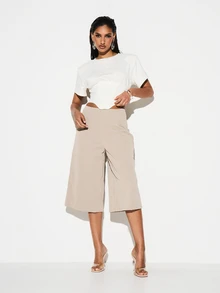 KIZN High Rise Wide Leg Palazzo Culottes With Side Split Hem Detail For Spring Summer Fashion - Grey - View 3