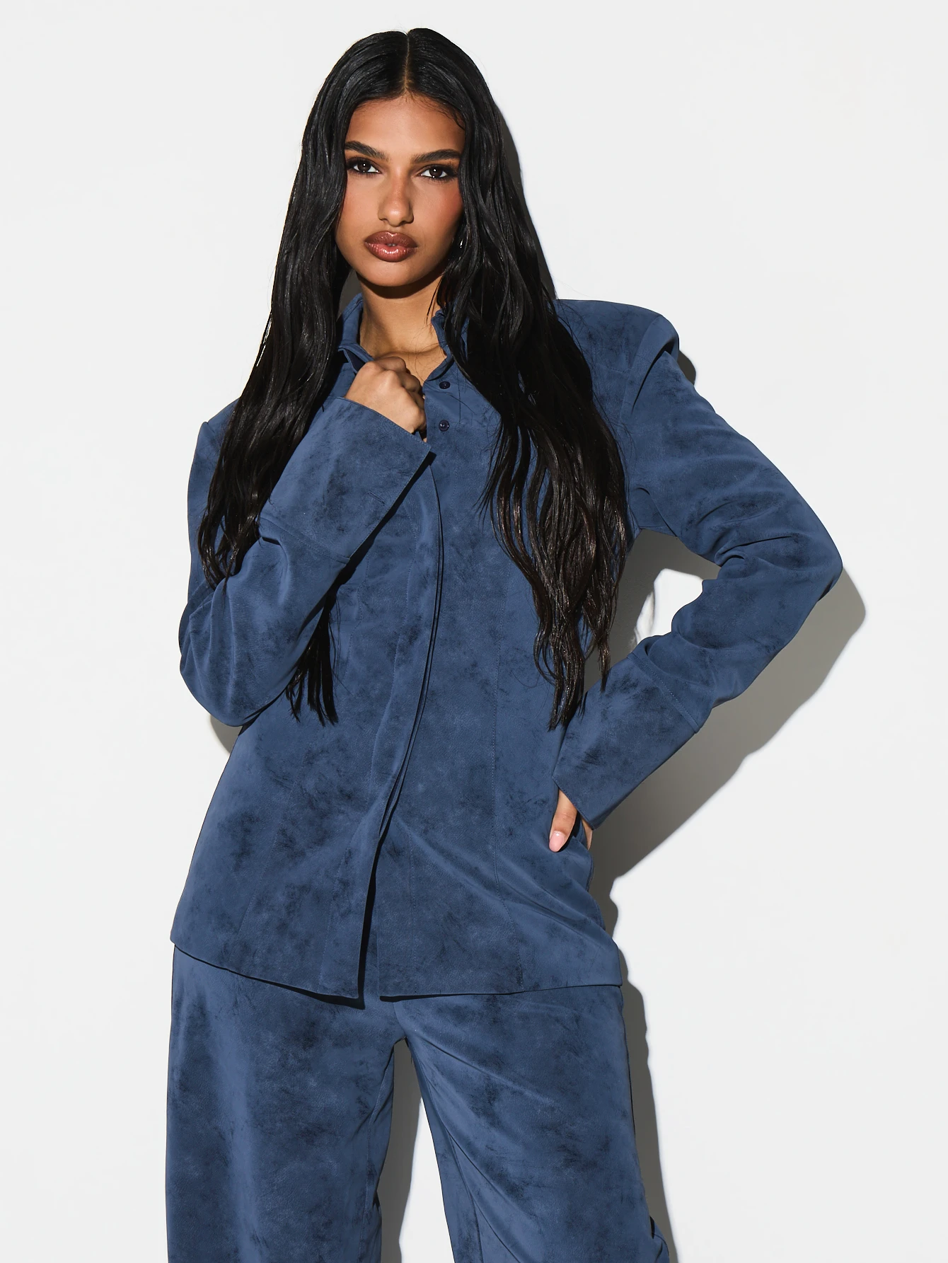 KIZN Shoulder Pad Cinched Waist Longline Shirt