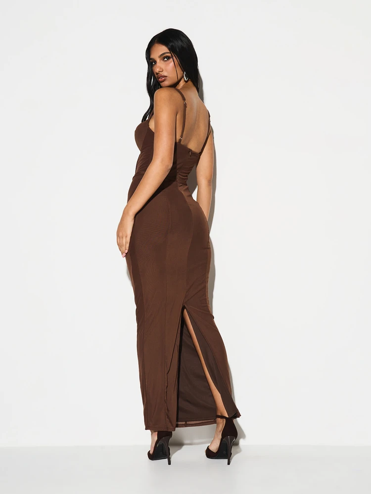 KIZN Chocolate Brown Strapless Sweetheart Bustier Corset Style Bodycon Maxi Dress Evening Formal Occasion Fall Winter Fashion