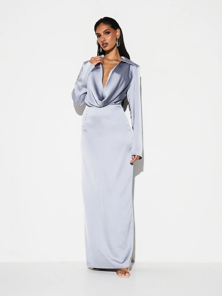KIZN Women's Plunge Cowl Neck Long Sleeve Maxi Shirt Dress Elegant Floor Length Evening Formal Gown