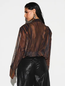 KIZN Women's Long Sleeve Deep V-Neck Tiger Print Mesh Bodysuit With Semi-Sheer Panels For Evening Party Occasions - Coffee Brown - View 2