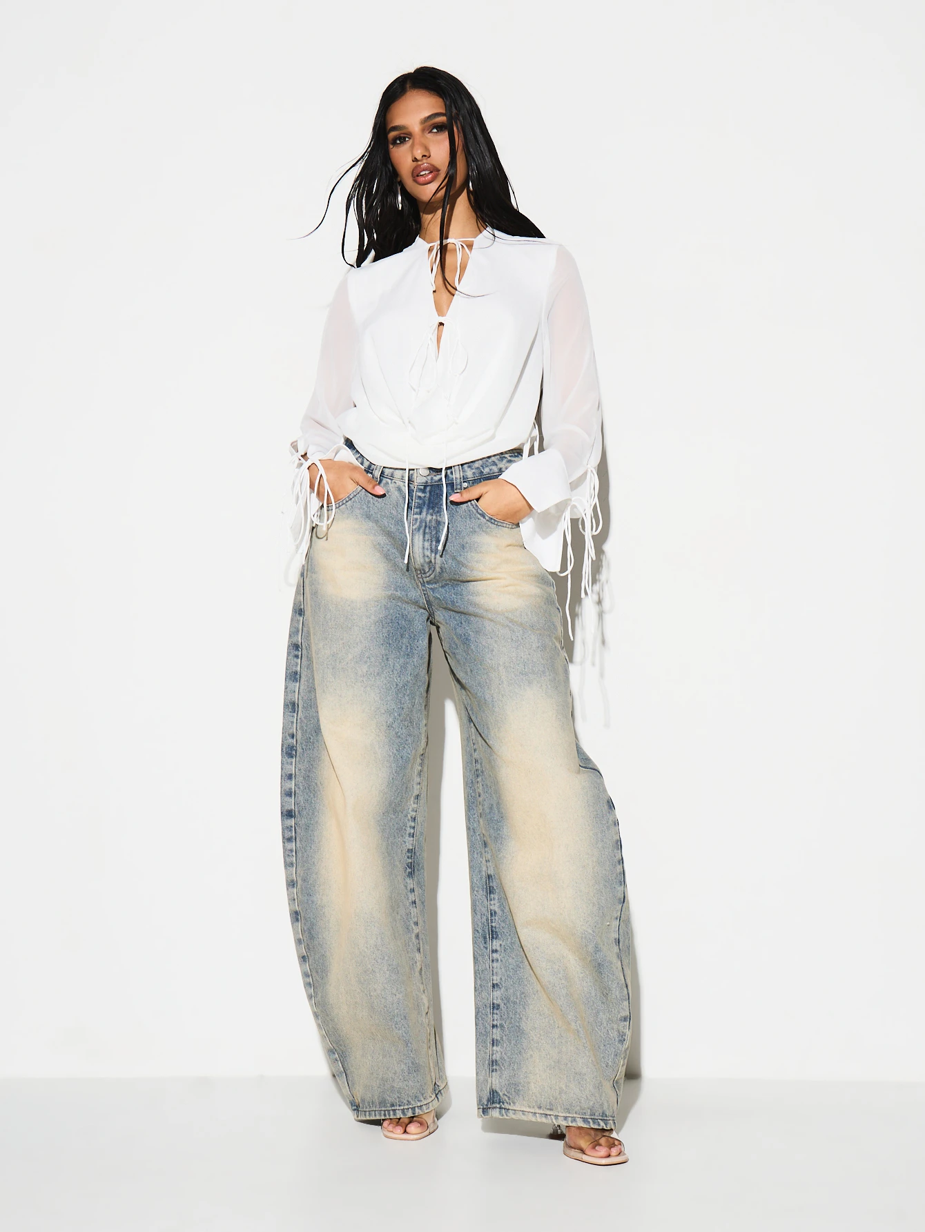 KIZN Tie Front Chiffon Bodysuit With Keyhole Neckline