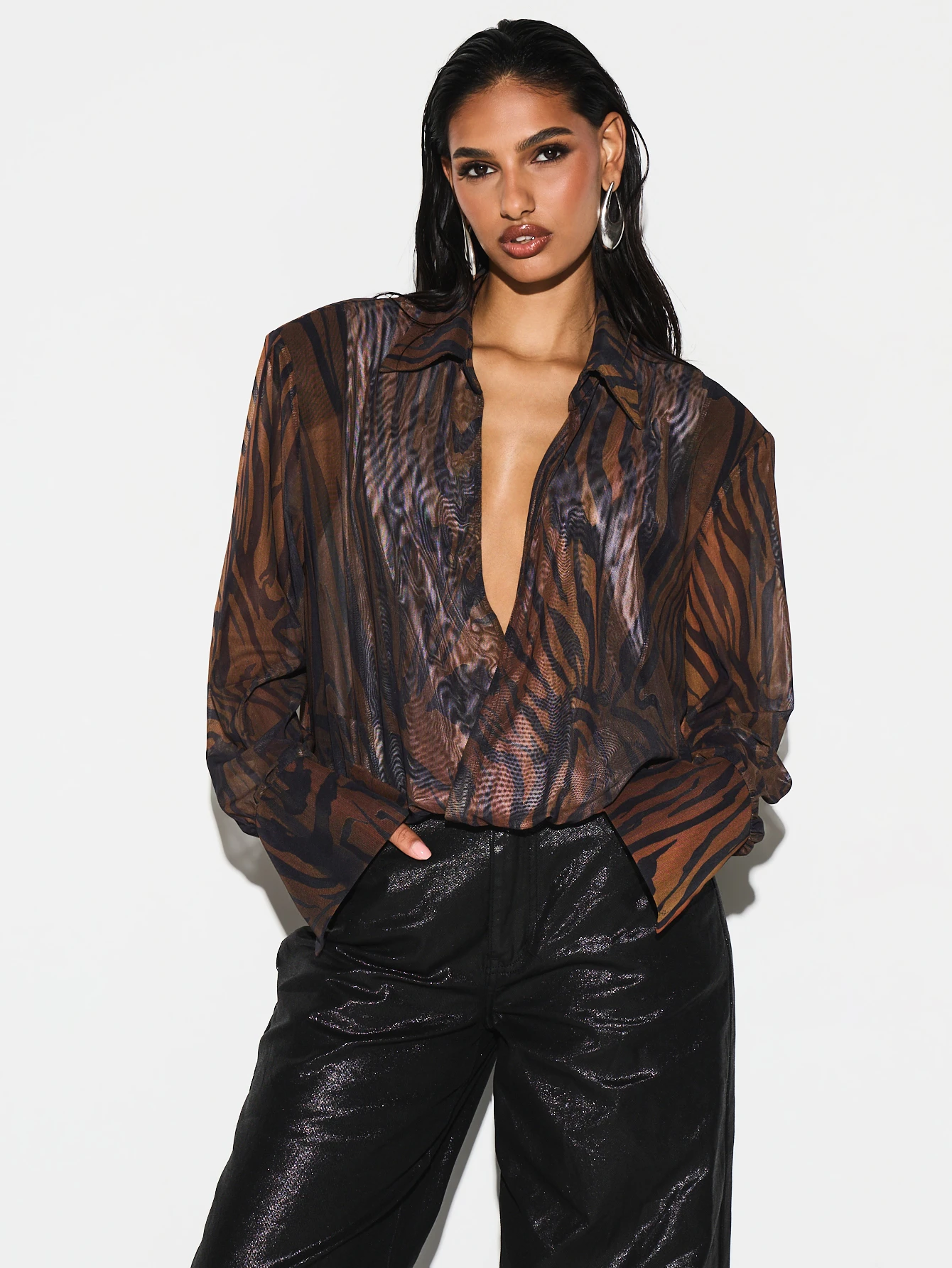 KIZN Long Sleeve Tiger Print Mesh Bodysuit