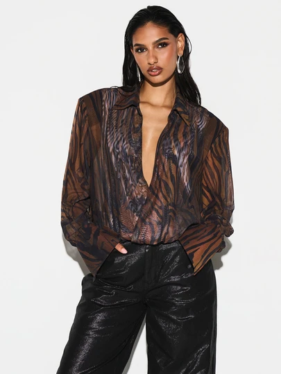 KIZN Women's Long Sleeve Deep V-Neck Tiger Print Mesh Bodysuit With Semi-Sheer Panels For Evening Party Occasions