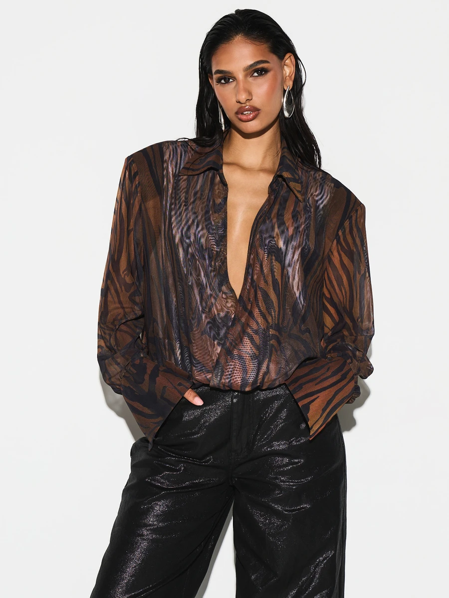 KIZN Women's Long Sleeve Deep V-Neck Tiger Print Mesh Bodysuit With Semi-Sheer Panels For Evening Party Occasions - Coffee Brown - View 1