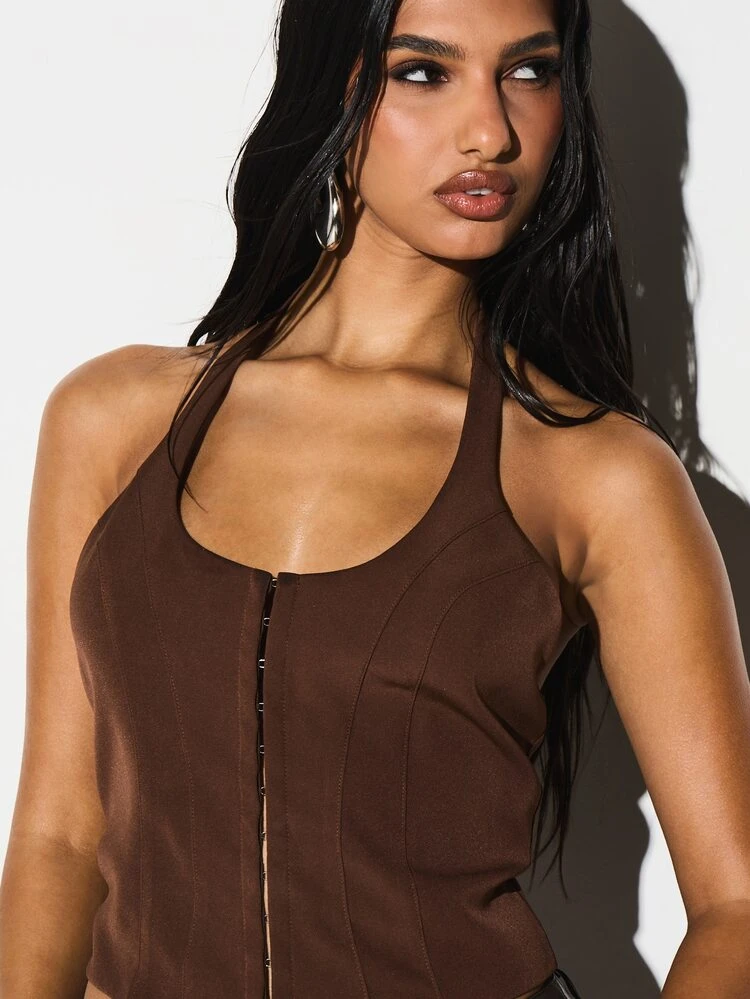 KIZN Brown Halter Corset Top With Hook Closure