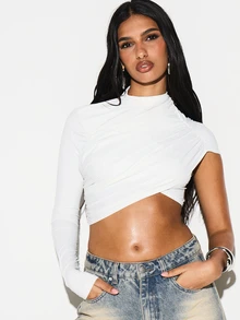 KIZN Asymmetric Draped White Long Sleeve Crop Top With Cut Out Back Detail One Shoulder Design - White - View 4