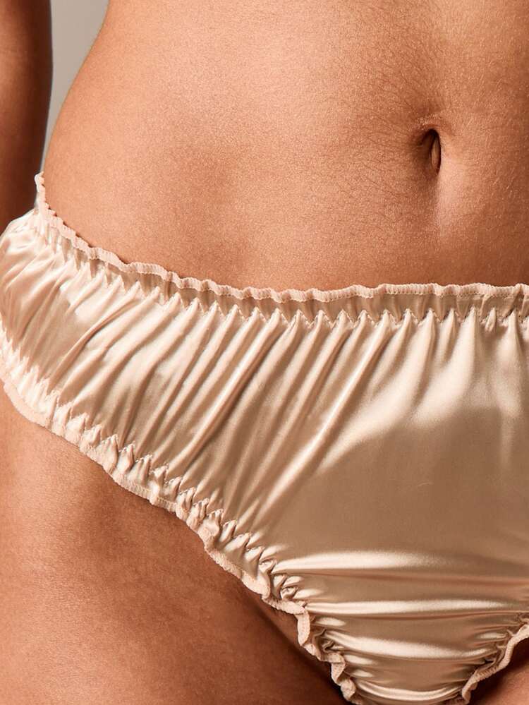 Satin Ruched Lettuce Hem Bralette And Brief Set