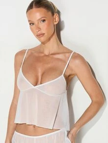 KIZN Bộ đồ ngủ bằng vải lưới xuyên thấu với dây đeo mảnh và quần short, thích hợp để mặc ở nhà. - trắng - Xem 3