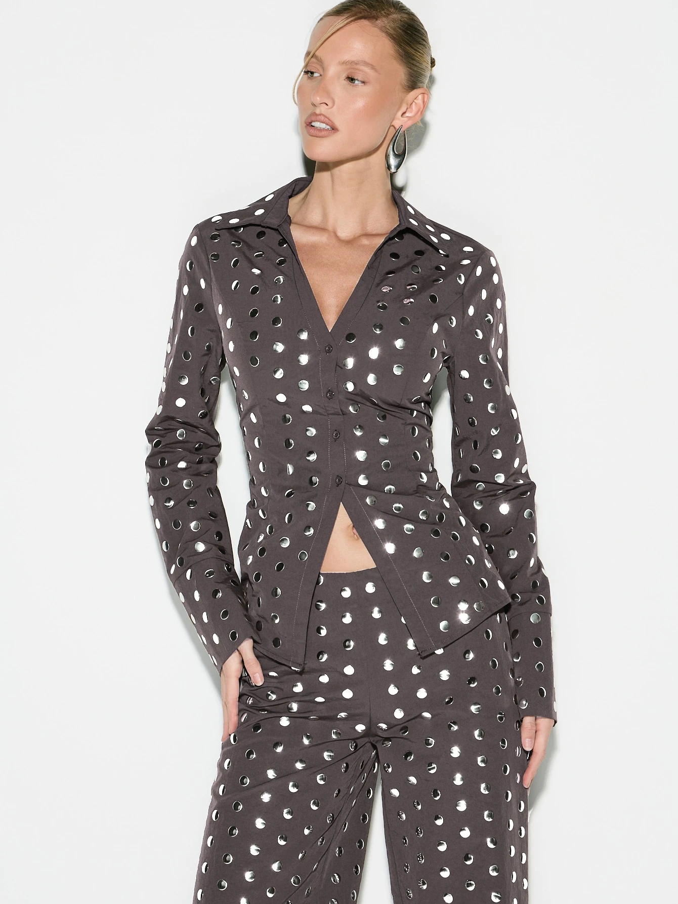 KIZN Long Sleeve Polka Dot Button Down Shirt With Lace Up Back