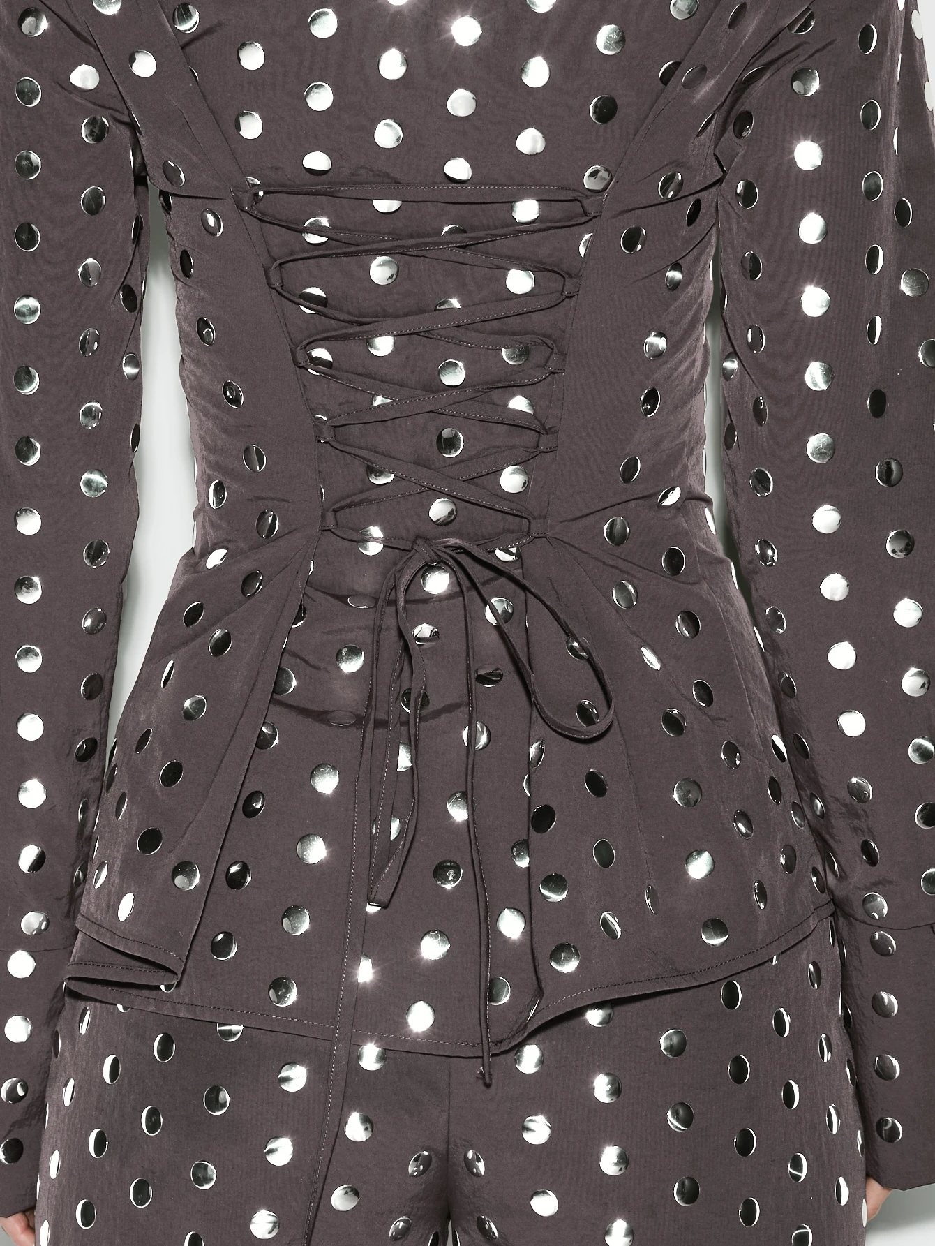 KIZN Long Sleeve Polka Dot Button Down Shirt With Lace Up Back