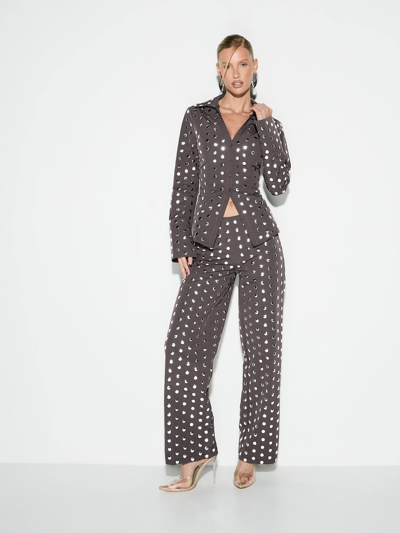 KIZN Long Sleeve Polka Dot Button Down Shirt With Lace Up Back