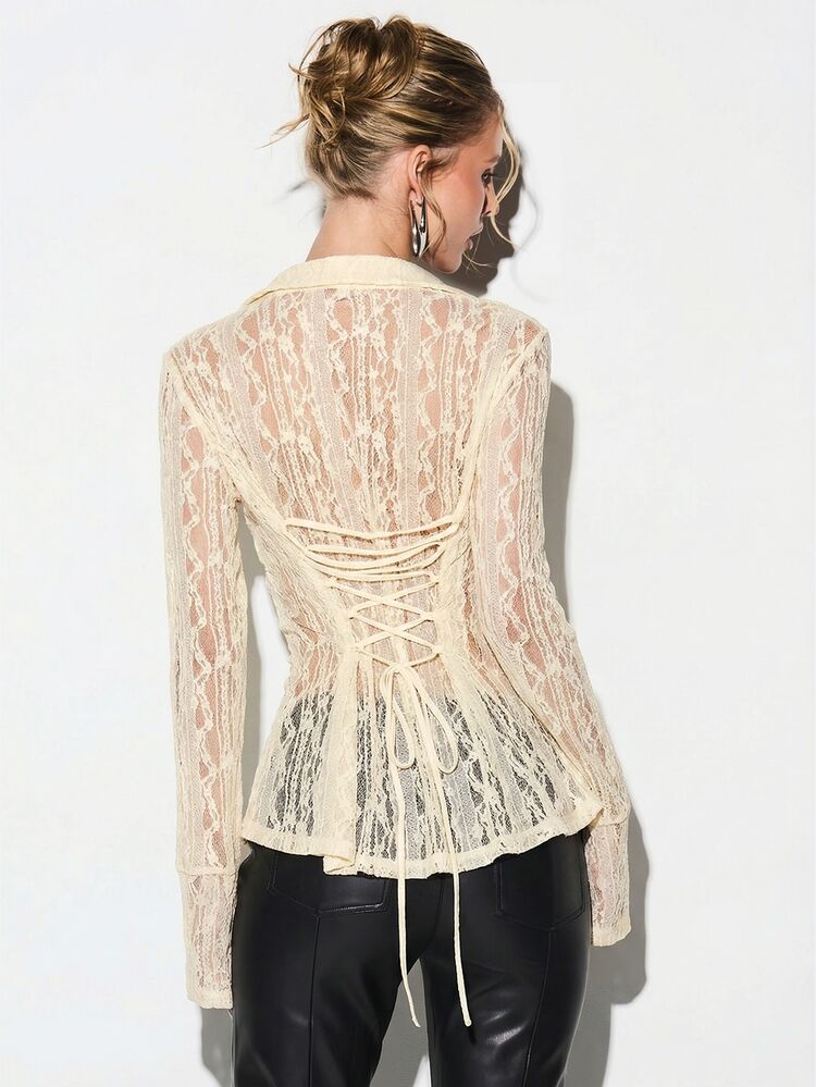 KIZN Lace Blouse Long Sleeve Button Up Shirt With Lace Up Back Detail Sheer Overlay Top Spring Summer