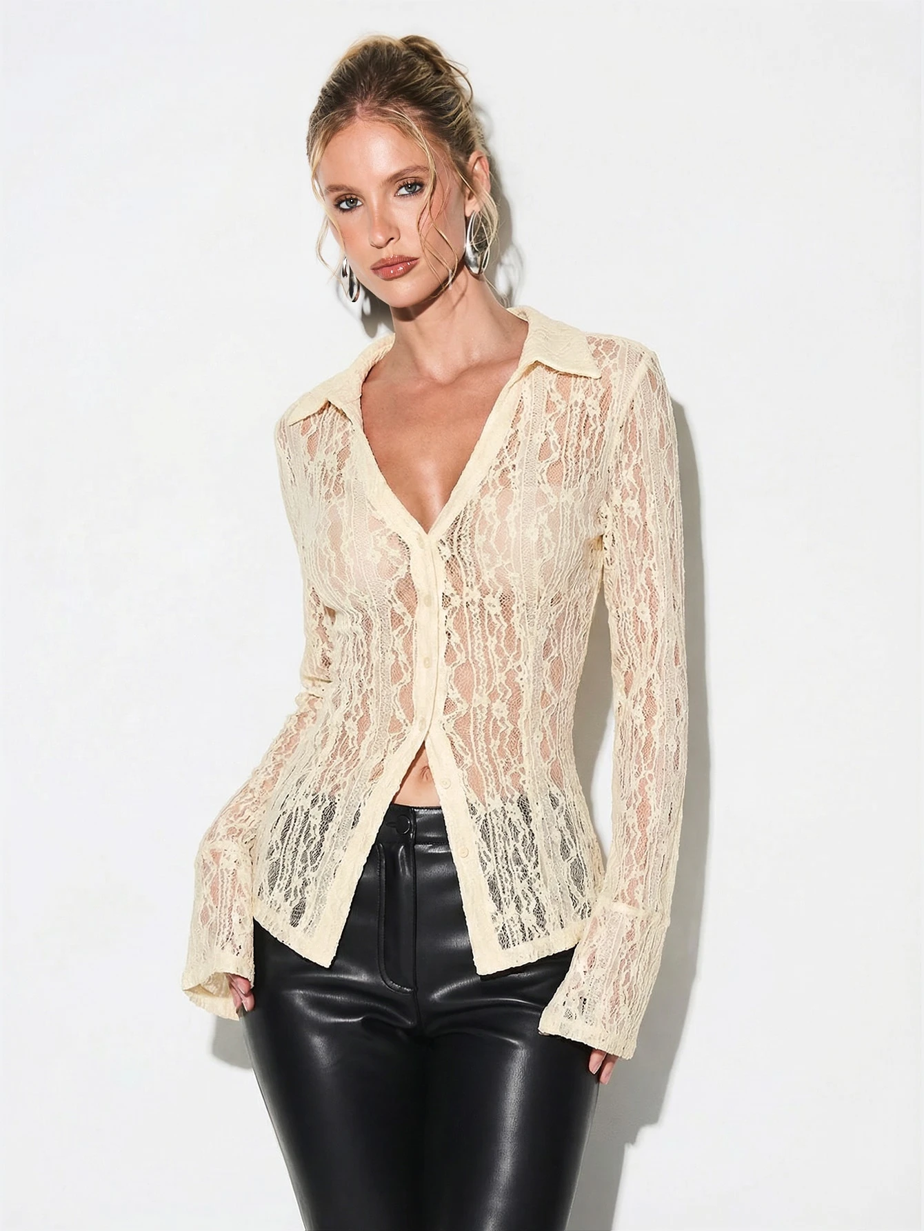 KIZN Long Sleeve Lace Button Up Blouse