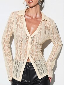 KIZN Lace Blouse Long Sleeve Button Up Shirt With Lace Up Back Detail Sheer Overlay Top Spring Summer - Mocha Brown - View 6