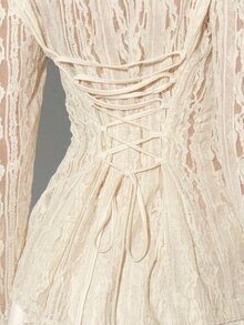 KIZN Lace Blouse Long Sleeve Button Up Shirt With Lace Up Back Detail Sheer Overlay Top Spring Summer - Mocha Brown - View 7