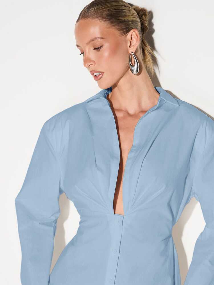 KIZN Oversized Button Down Collar Mini Shirt Dress Long Sleeve Casual Loose Fit Tunic With Belt Spring Summer