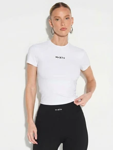 KIZN Women's High Shine Fitted Short Sleeve Crew Neck Tee Shirt Basic Essential Top With Logo Detail - White - View 1