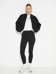 KIZN Women's High Shine Fitted Short Sleeve Crew Neck Tee Shirt Basic Essential Top With Logo Detail - White - View 3