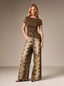 AiiRZ Lace Trim Short Sleeve T-Shirt With Asymmetric Hem Detail And Boat Neckline For Casual Everyday Wear - Mocha Brown - View 3