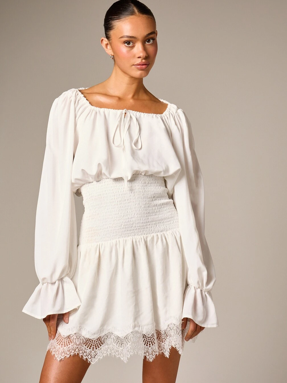 women's smocked ruffle hem long sleeve dress Women's Square Neck Fall Long Sleeve Shirred Smocked Liberia