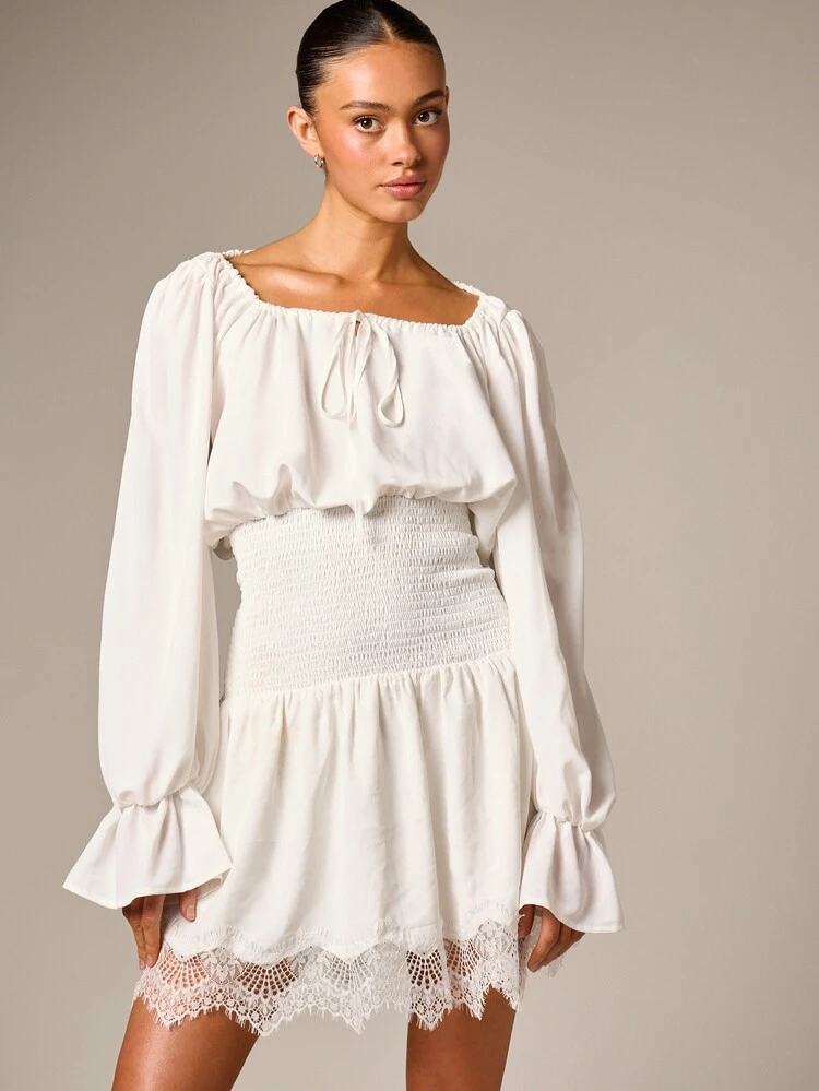 AiiRZ Off Shoulder Ruffle Mini Dress With Smocked Waist