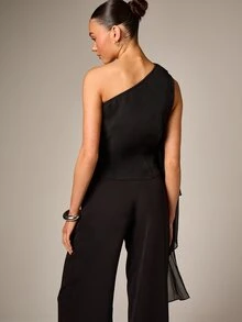 AiiRZ 单肩垂褶雪纺上衣，飘逸不对称袖设计，适合晚宴及特殊场合穿着。 - 黑色 - 查看 3