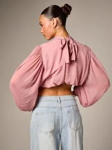 AiiRZ Mock Neck Puffball Blouse With Balloon Sleeves And Tie Detail - Pink - View 5