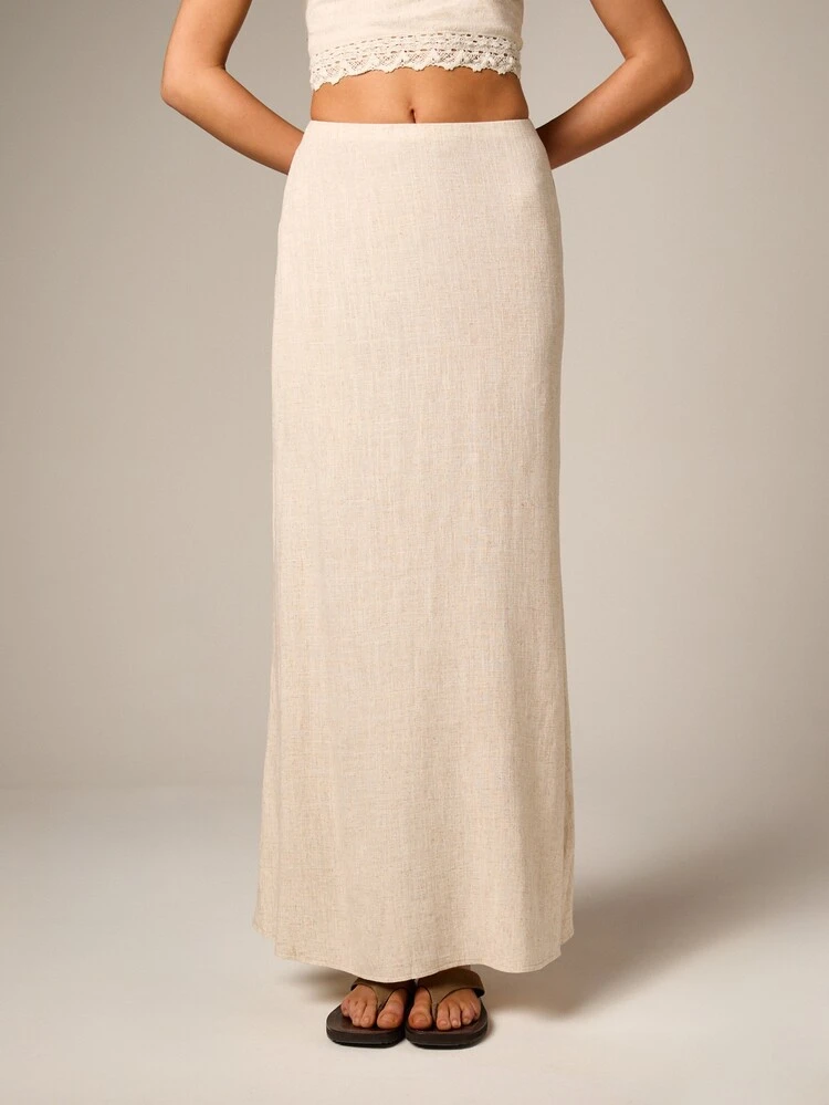 Gonna lunga a trapezio in lino con trama naturale