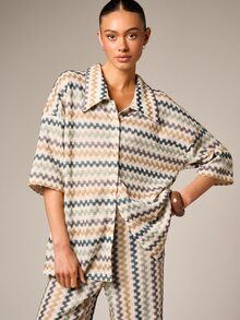 Áo khoác ngoài đi biển nữ họa tiết sọc zigzag, kiểu dáng boho, cài cúc, dáng rộng, thích hợp cho kỳ nghỉ hè. - Nhiều màu - Xem 1