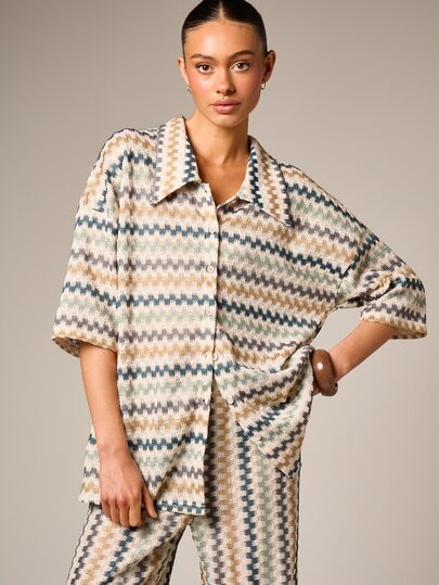 AiiRZ 女士锯齿条纹钩编沙滩罩衫衬衫，纽扣开襟波西米亚风夏季度假宽松束腰上衣