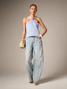 AiiRZ Halter Neck Cross Strap Twisted Front Tank Top Summer Casual Sleeveless Blouse - Blue - View 4