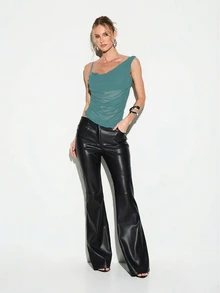 KIZN Draped Asymmetric Camisole Top With Lace Bra Detail Layered Tank For Special Occasions Evening Party - Teal Blue - View 3