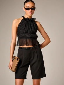 AiiRZ Textured Halter Neck Blouse With Pleated Detail And Open Back Tie Design For Party Evening Night - Black - View 5