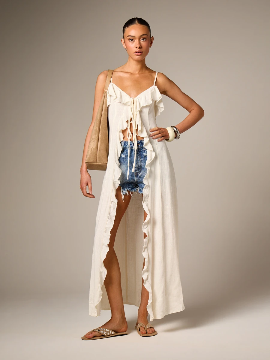 AiiRZ Áo tank top maxi dài màu trắng dành cho nữ, có chi tiết bèo nhún, dây buộc phía trước, dây mảnh và vạt áo xòe rộng, hoàn hảo cho kỳ nghỉ hè ở bãi biển và phong cách thường ngày. - trắng - Xem 1