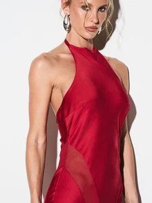 KIZN 吊带缎面长裙，带网纱拼接，适合情人节等晚宴场合 - 紅色 - 查看 5