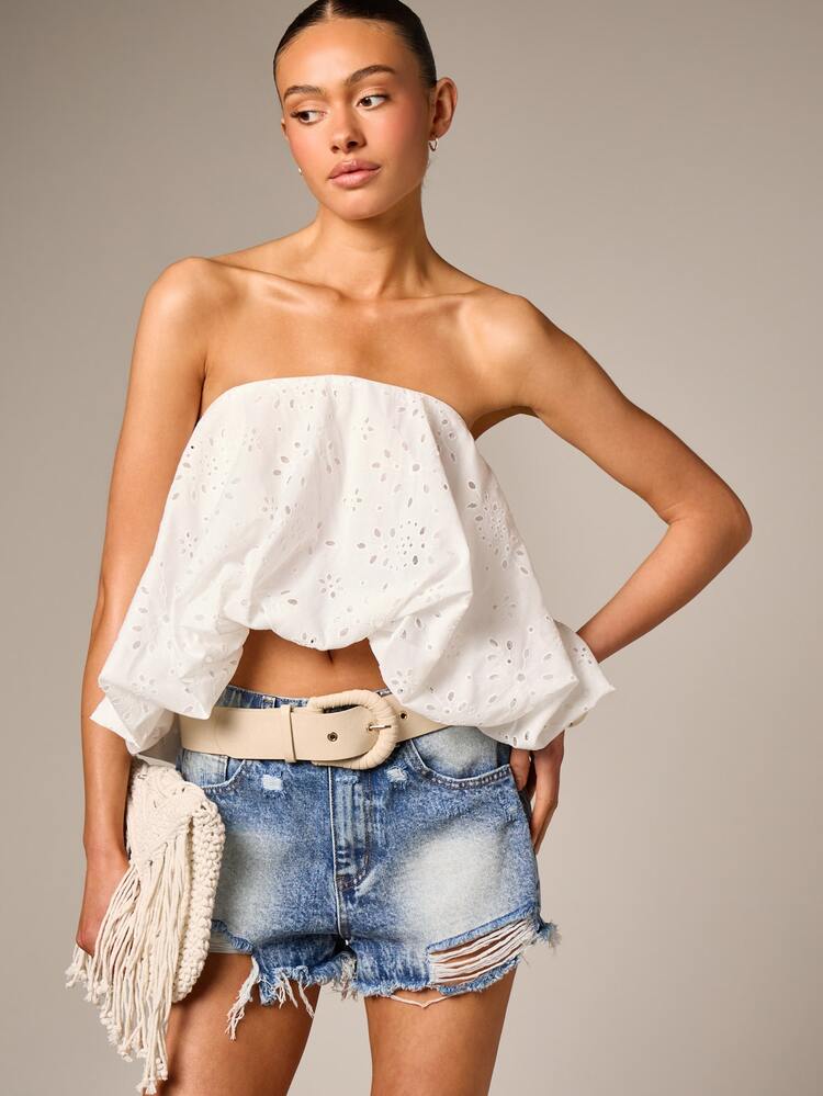 Strapless Puffball Broderie Top With Balloon Sleeves