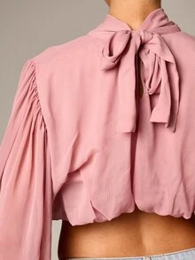 AiiRZ Mock Neck Puffball Blouse With Balloon Sleeves And Tie Detail - Pink - View 2