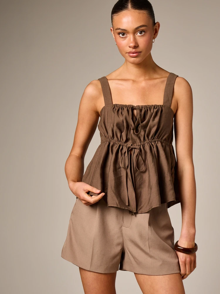 Linen Ruffle Hem Tank With Drawstring Detail