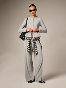 AiiRZ Ribbed Button Through Peplum Cardigan And Wide Leg Palazzo Pants Lounge Set Matching Co Ord Outfit Casual Comfort - Grey - View 1